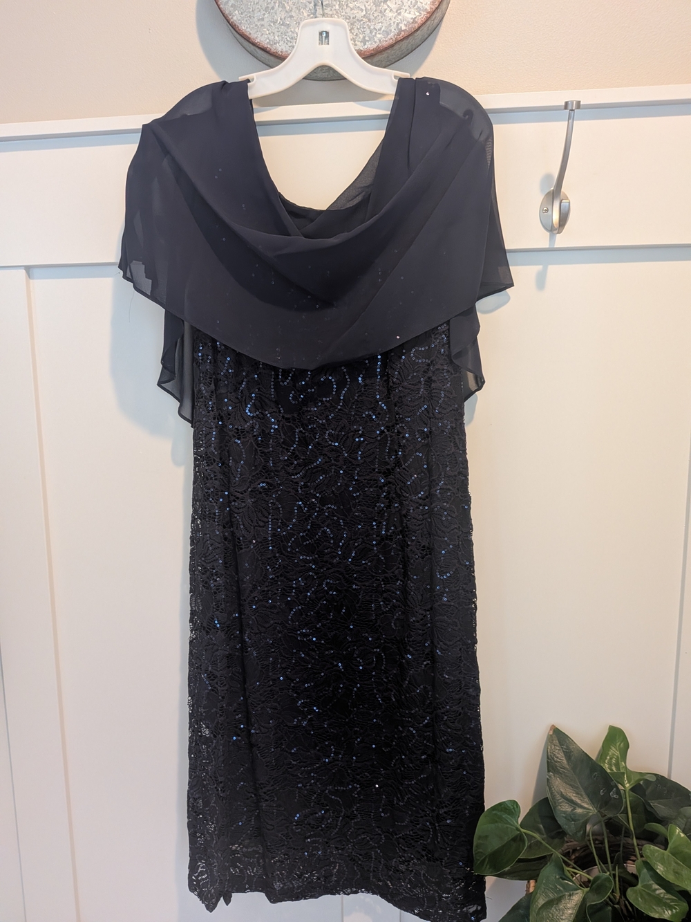 Ronni Nicole Navy Sequin Midi Dress with Chiffon Overlay